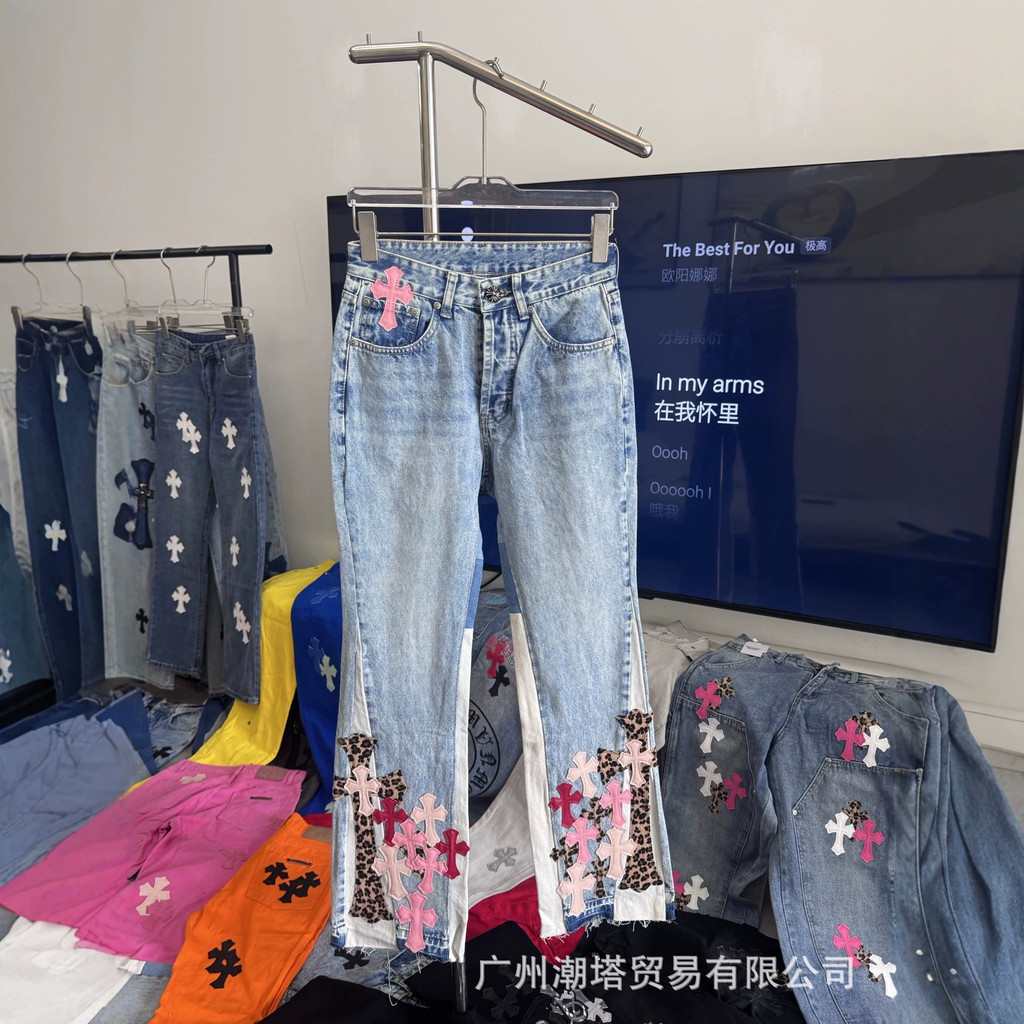 IW4Y Chrome Hearts Four Seasons Cross Patch Leather กางเกงยีนส์ปักสไตล์คู่รัก