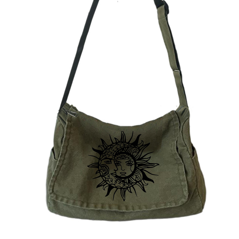 Bohemian Womens Bag Vintage Canvas Shoulder Bag Sun & Moon Print Unisex Messenger Bag Commuting Lapt