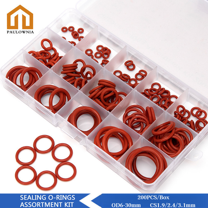 200 ชิ้น/กล่องสีแดง VMQ ซีลซิลิโคน O-แหวนปะเก็นเครื่องซักผ้า Fasteners OD6-30 มม.CS1.9/2.4/3.1 มม.