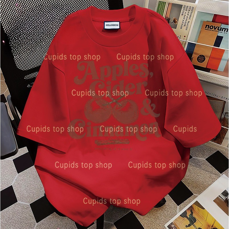 เสื้อยืดผ้าฝ้าย 100%SG Y2K Retro Fall Slogan Apples Cider & Cinnamon Graphic Casual Loose-fit