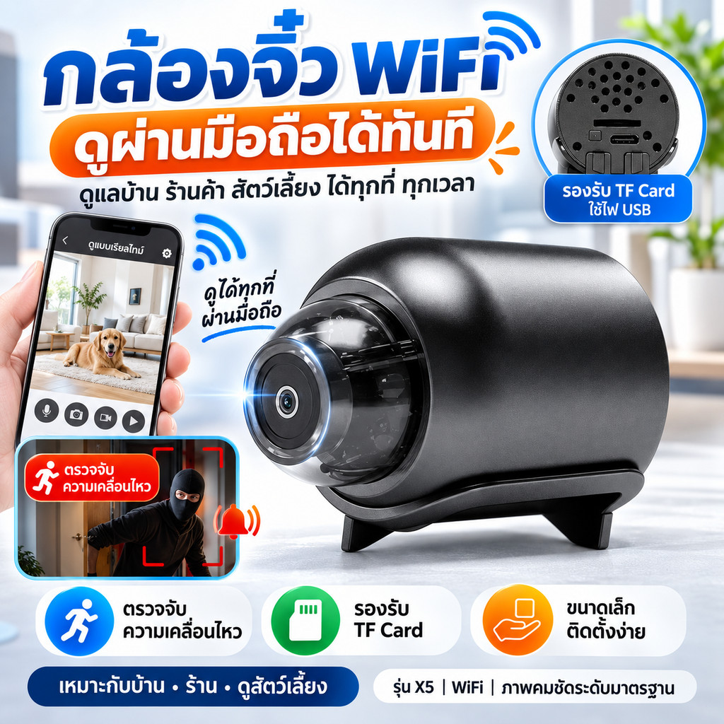 กล้องวงจรปิด WiFi X5 กล้องจิ๋วขนาดเล็ก ดูผ่านมือถือ ตรวจจับการเคลื่อนไหว รองรับ TF Card ใช้ไฟ USB สำหรับบ้านและร้าน