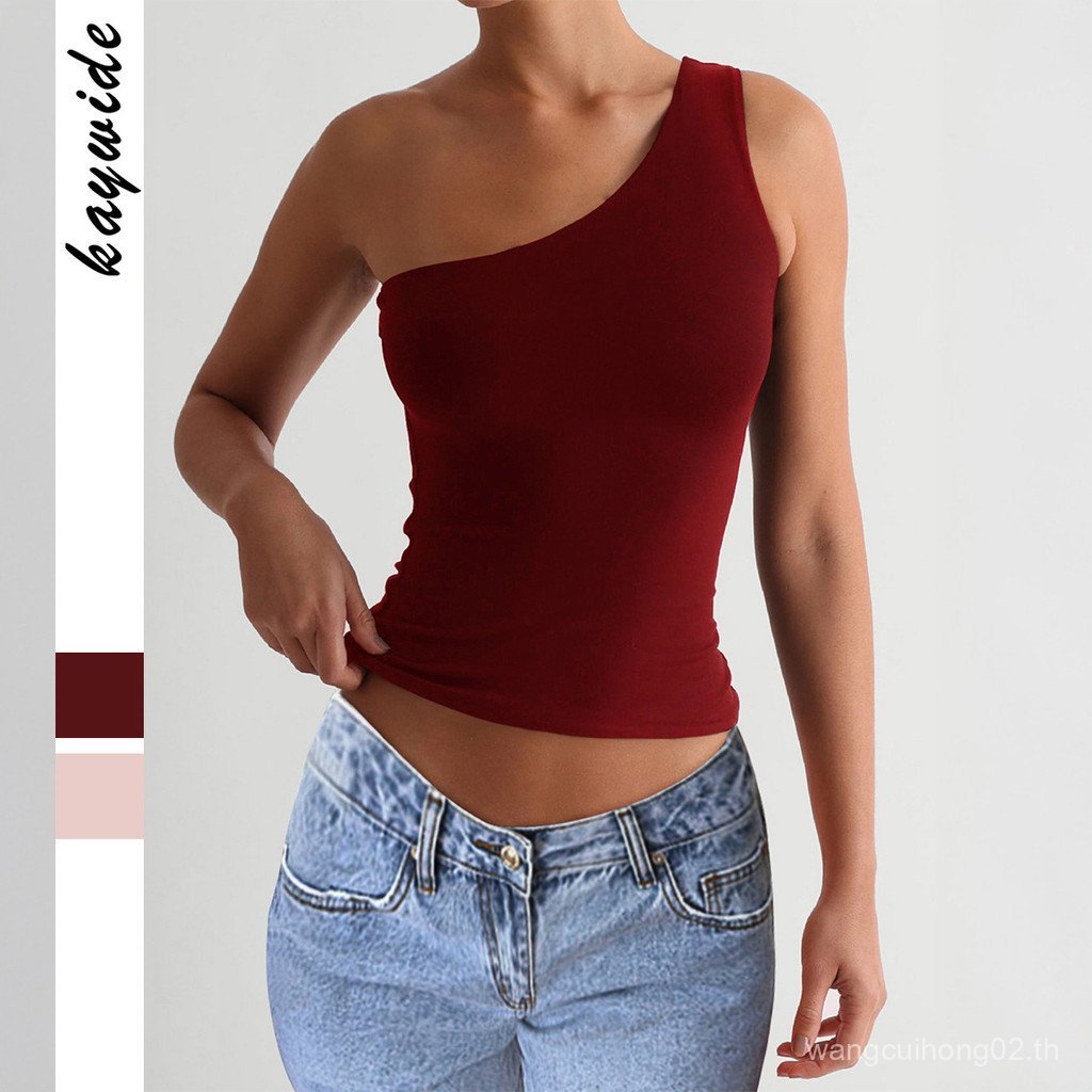 ฤดูร้อน Y2K โยคะ All-Match Diagonal Collar Strapless Fitness เสื้อยืดเสื้อกั๊ก Top IR1Z