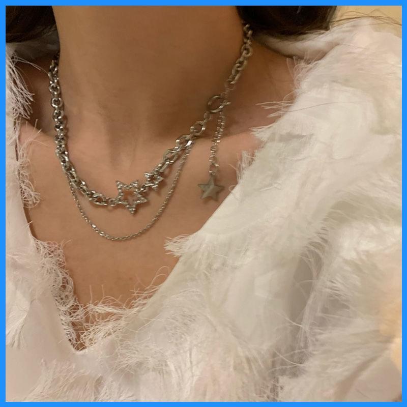 Luk Zircon Star Layered พู่สร้อยคอChoker Y2kเครื่องประดับสําหรับผู้หญิงแฟชั่นเงินสีZircon Charmสร้อย