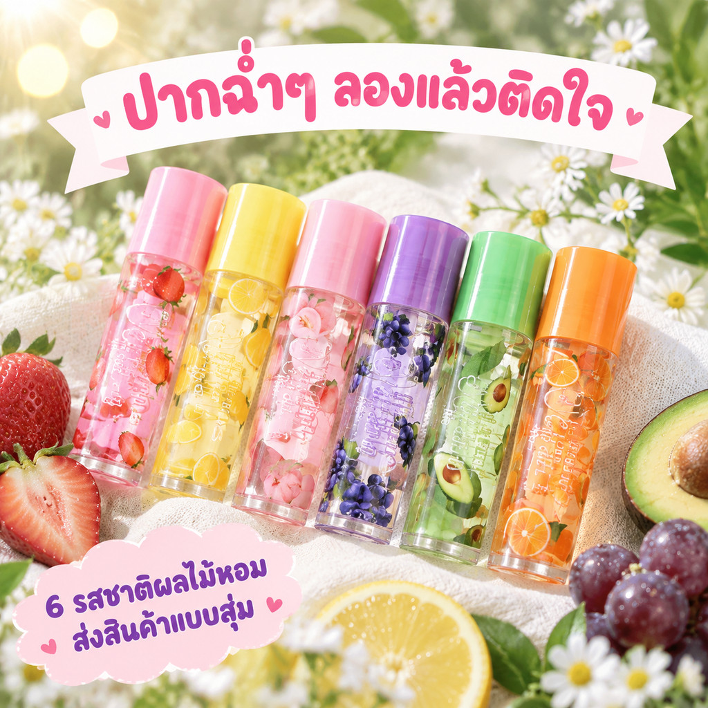 ลิปออยล์ผลไม้ 6 รสชาติ ลิปกลอสใส ปากฉ่ำวาว บำรุงริมฝีปากชุ่มชื้น ติดทนยาวนาน ส่งสินค้าแบบสุ่ม