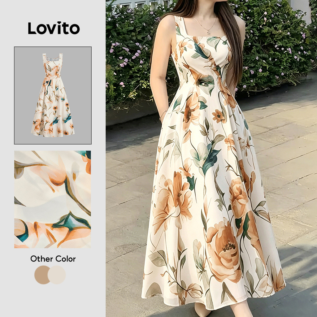Lovito ชุดเดรสผู้หญิง ลายแพทเทิร์นสวย ระบายชายกระโปรง เหมาะสําหรับฤดูใบไม้ผลิ/ฤดูร้อน L196ED610