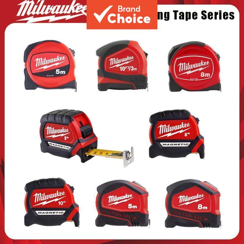 MILWAUKEE ชุดเทปวัดสําหรับงานหนัก แม่เหล็ก/ล็อคอัตโนมัติ/ตัวเลือก LED ไม้บรรทัด 3 ม.-10 ม. สําหรับงานก่อสร้างและ DIY