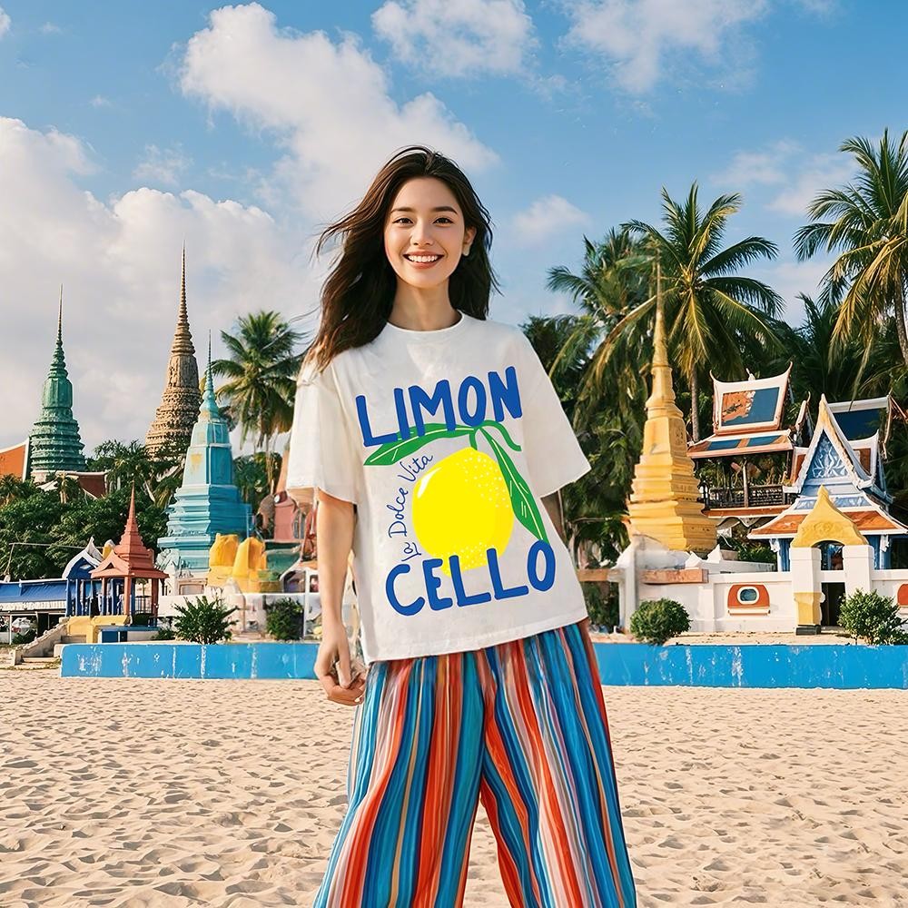 เสื้อยืด Oversize ลาย "Limoncello Dolce Vita"สไตล์สดใส ใส่ได้ทั้งผู้ชายและผู้หญิง คอตตอน 100%