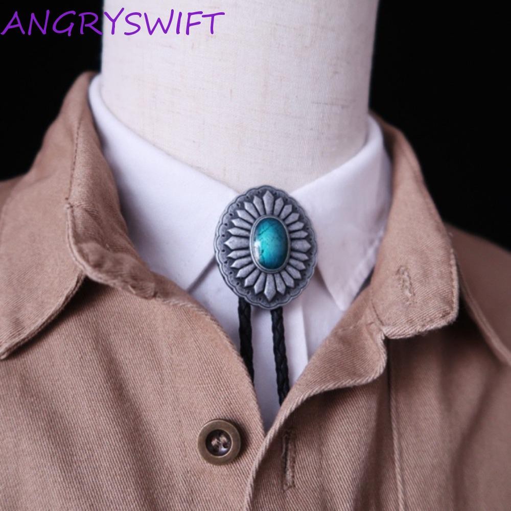 ANGRYSWIFT Bolo tie แบบคาวบอยจากอินเดีย สไตล์ตะวันตกแบบชนเผ่า ประดับทับทิม, สร้อยคอแบบเก๋าPU เชือกทอทองลายดอกไม้สำหรับผู้ชาย
