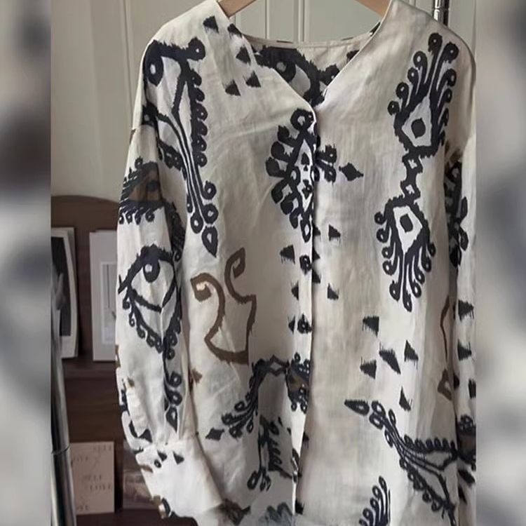 Yueyejia Seckill 259 Tianhua DTH High-End กันยายนวรรณกรรม Retro สไตล์สวมใส่ Apricot พิมพ์เสื้อลําลอง