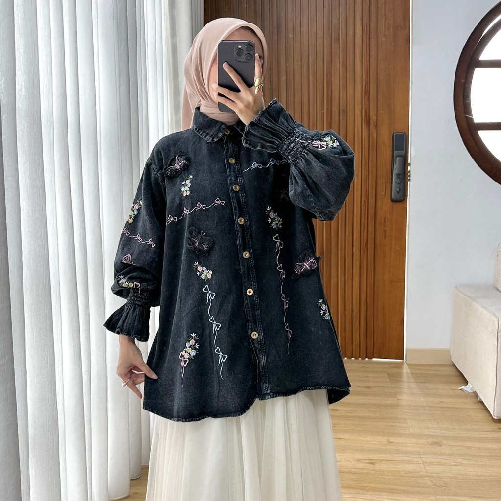 AILEEN DENIM COQUETTE SHIRT 3D EMBROIDERY