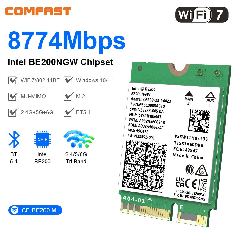 Comfast WiFi7 Intel BE200 การ์ดเครือข่าย Bluetooth5.4 TriBand 2G/5G/6G 8774Mbps BE200NGW Intel AX210