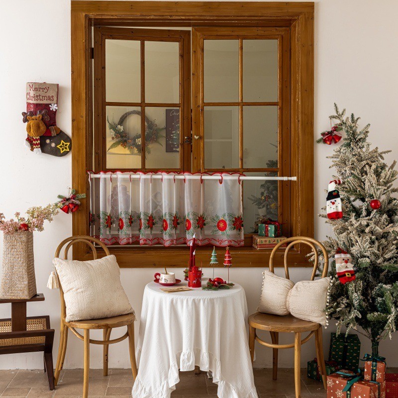COD 50*100cm ผ้าม่านครึ่งหน้าต่าง ผ้าม่านคริสต์มาส ผ้าม่านสั้น รูปแบบคริสต์มาส ลูกไม้สั้น ผ้าโปร่ง ตกแต่งคริสต์มาส - รูปที่ 4