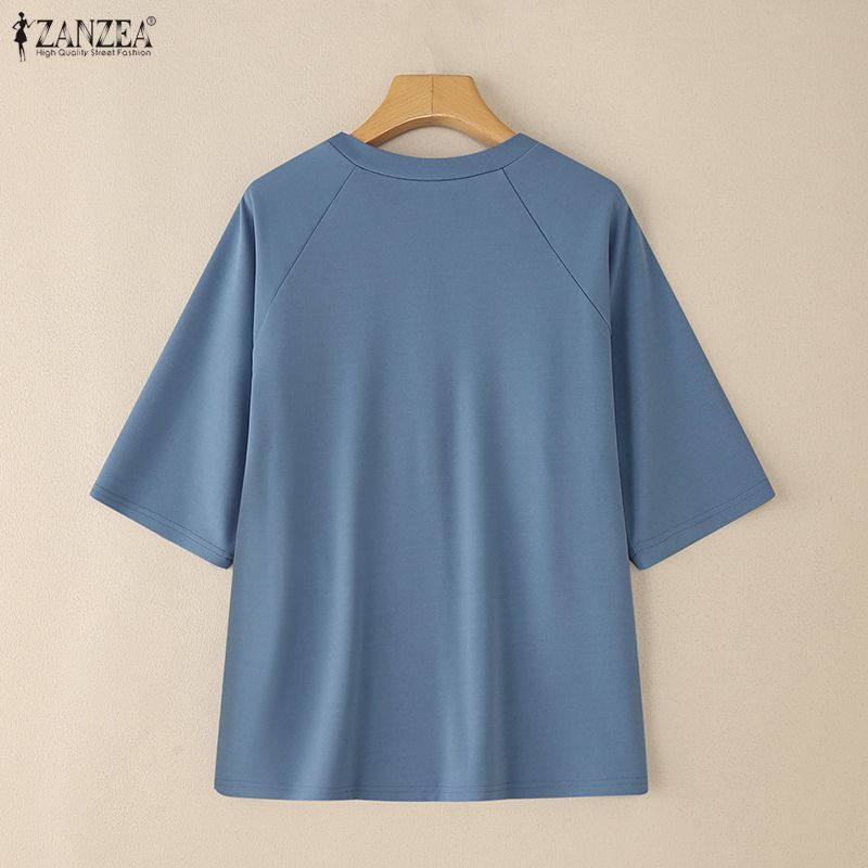 ZANZEA เสื้อยืดหลวมแขนสามส่วนสไตล์คอลูกเรือ สำหรับสตรี ราคา ถูกที่สุด ดีลบีเคเค แกลเลอรีภาพที่ 8