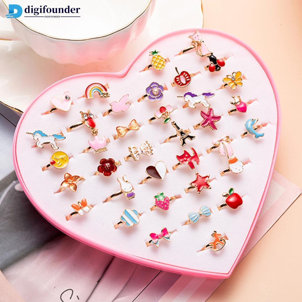 DIGIFOUNDER 12/36 ชิ้นเงาปรับเด็กการ์ตูนแหวน Candy ดอกไม้เพชรโบว์รูปร่างแหวนชุด Jewellery แหวนของเล่นเด็กผู้หญิง L6U2