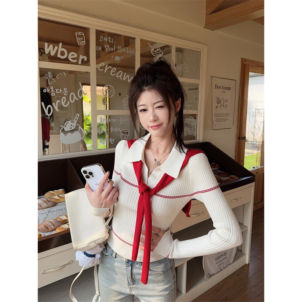 เสื้อโปโลแขนยาวในสไตล์เกาหลี มาพร้อมเสื้อคลุมไหล่ เป็นเซ็ตสองชิ้น