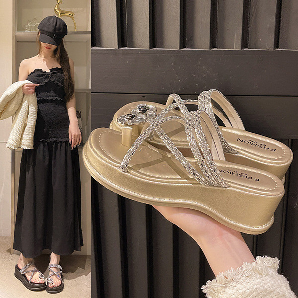 สลิปเปอร์ รองเท้า slipper รองเท้าแตะ slipper รองเท้าแตะ wedge heel โซลหนาพร้อมคริสตัล rhinestone สำห