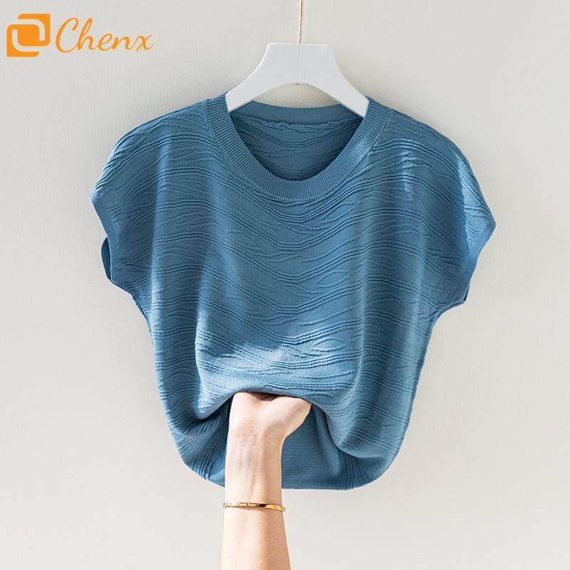 เสื้อไหมพรมทรงหลวมสําหรับสุภาพสตรีที่มีพื้นผิวบางและแขนสั้นด้านบน
