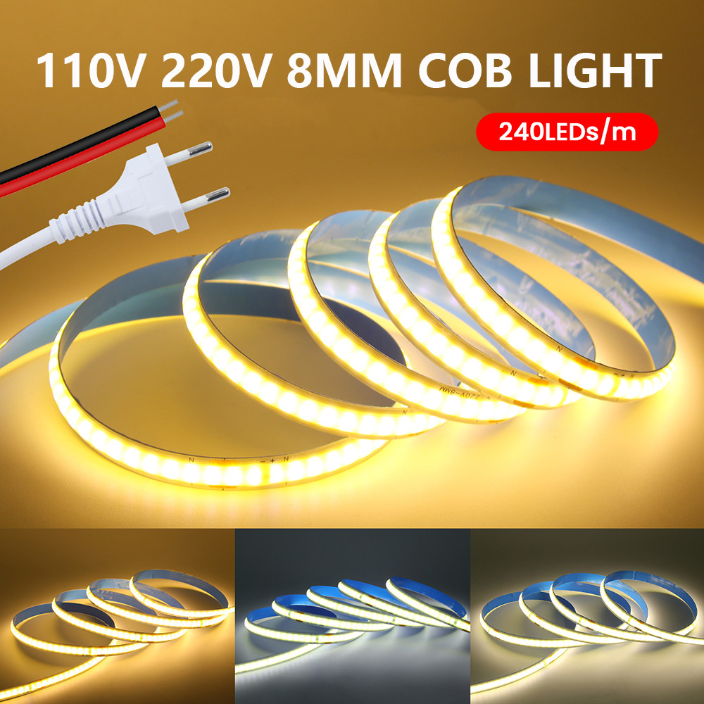 110V 220V COB LED Strip Light Super Bright 240LEDs/M 2PIN Wire Tape Flex Ribbon EU US Plug Room Ligh