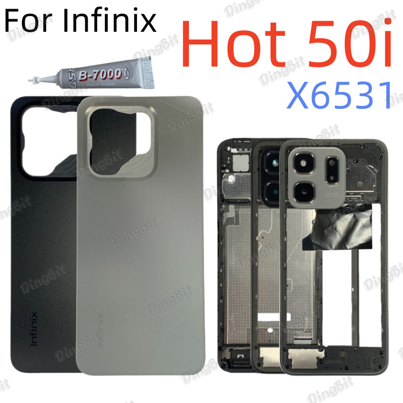 สําหรับ Infinix Hot 50i X6531 ฝาหลังกรอบกลางปุ่มปรับระดับเสียงแบตเตอรี่ฝาครอบประตูด้านหลังกรณี LCD กรอบด้านหน้าอะไหล่ทดแทน