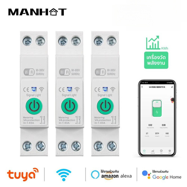 1-63A 1P + N Tuya WiFi Smart Circuit Breaker สวิทช์ Kwh วัดรีเลย์ MCB แรงดันไฟฟ้าป้องกัน Alexa Google Home Alice