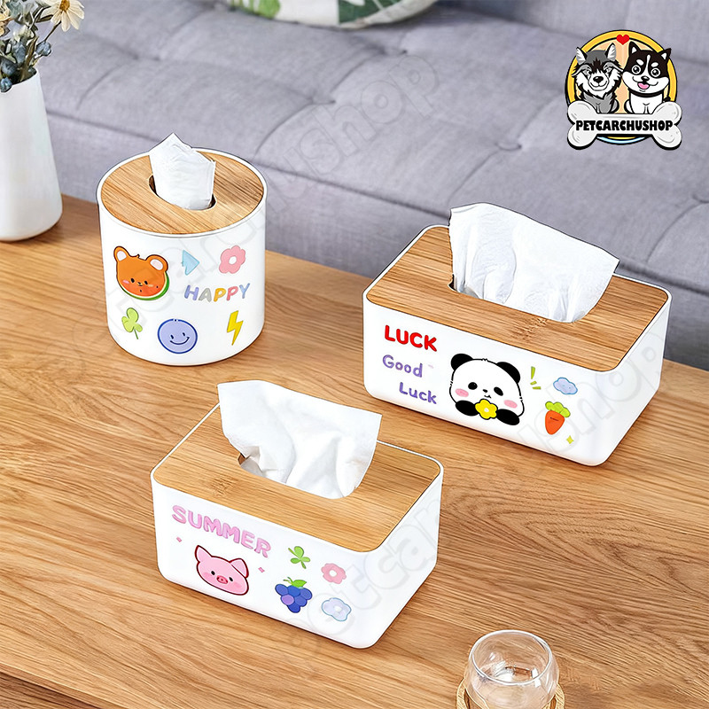 สติ๊กเกอร์ฟรี 2 ชิ้น กล่องทิชชู่ กล่องใส่กระดาษทิชชู่ สไตร์มินิมอล พร้อมฝาไม้ปิด ป้องกันฝ่น อุปกรณ์ตกแต่งบ้าน
