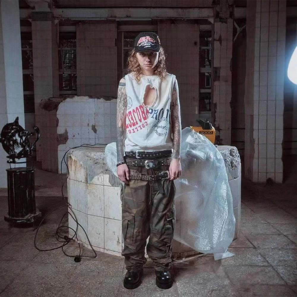 RIOP Grailz Project vibe Five Collar Multi-Way Wear Dirty Dye Printed Vest Sweater for Men and Women