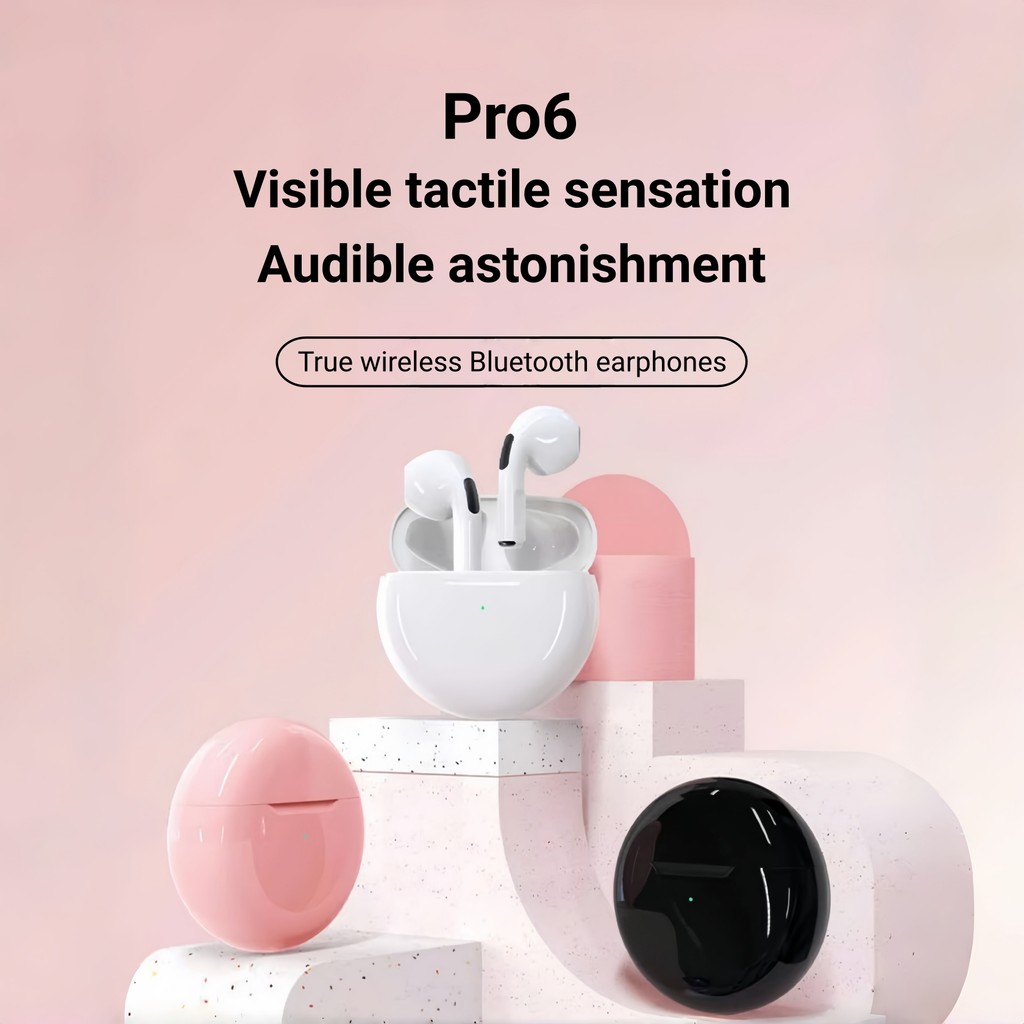 Pro6 in ear หูฟังไร้สายบลูทูธ 5.0 เอฟเฟกต์เสียงสเตอริโอไฮไฟ, เคสชาร์จแบบวงกลม, เข้ากันได้กับหลายระบบ