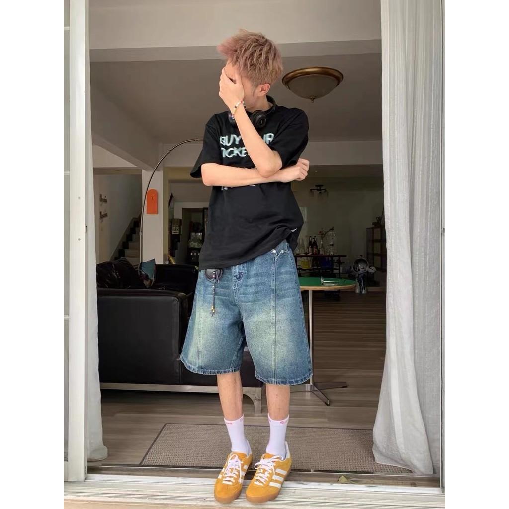 American vibe Retro Washed Distressed Denim Shorts Mens High Street Street Wear Design Loose Straigh