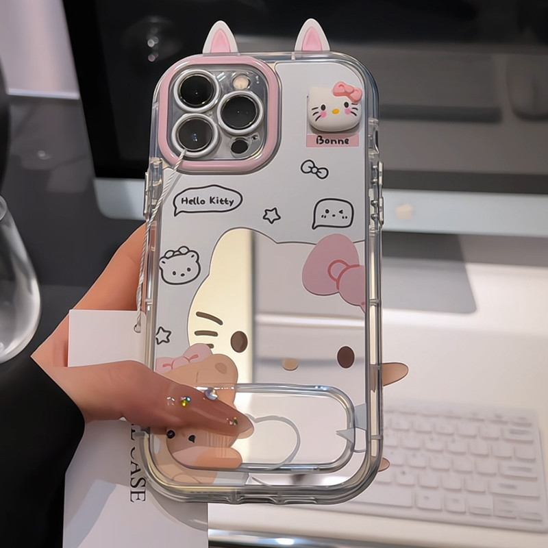 Huiwanju กระจกน่ารัก KT cat เหมาะสําหรับเคสมือถือ iPhone17promax ip17pro ที่วางกระจกการ์ตูน 16/15 หญิง 14 ซิลิโคน 13 ป้องกันการตก