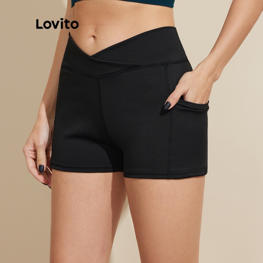 YA2 Lovito Sporty Plain Pocket Criss Cross กางเกงกีฬาขาสั้นเอวสูง L18X537 (สีดํา) Lovito Celana Olah