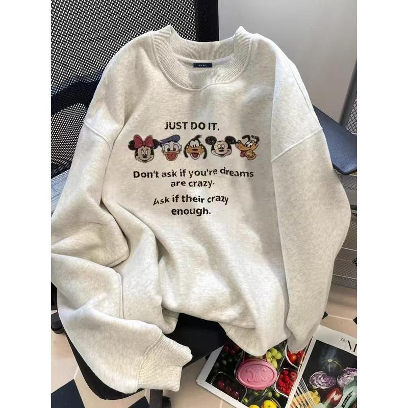 (จัดส่งตลอด 24 ชั่วโมง）Chompoo-Fashion ทันสมัย เกาหลี YLWY0223 Oversize เสื้อคอกลม เสื้อแขนยาว หลวม วินเทจเสื้อยืด เสื้อ