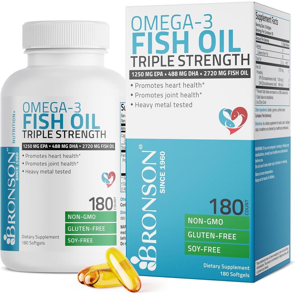 Bronson Omega 3 Fish Oil Triple Strength 2720mg, EPA 1250mg DHA 488mg, After Non-GMO Heavy Metal Tes