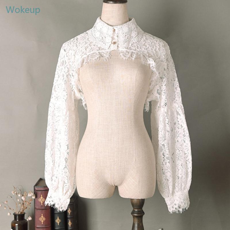 WOKE ผู้หญิงพัฟแขนยาวครึ่งเสื้อ Hollow Out Eyelash ดอกไม้ลูกไม้ที่ถอดออกได้เท็จปลอม Collar Dickey Sweate