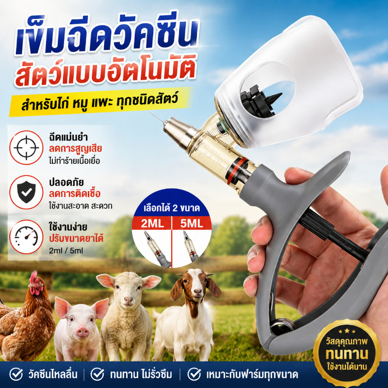 COD ไซริ้งอัตโนมัติ 2ml/5ml สำหรับฉีดวัคซีนไก่ หมู แพะ แม่นยำสูง ปรับต่อเนื่อง ใช้ได้ทุกสัตว์ ฟาร์มสัตว์