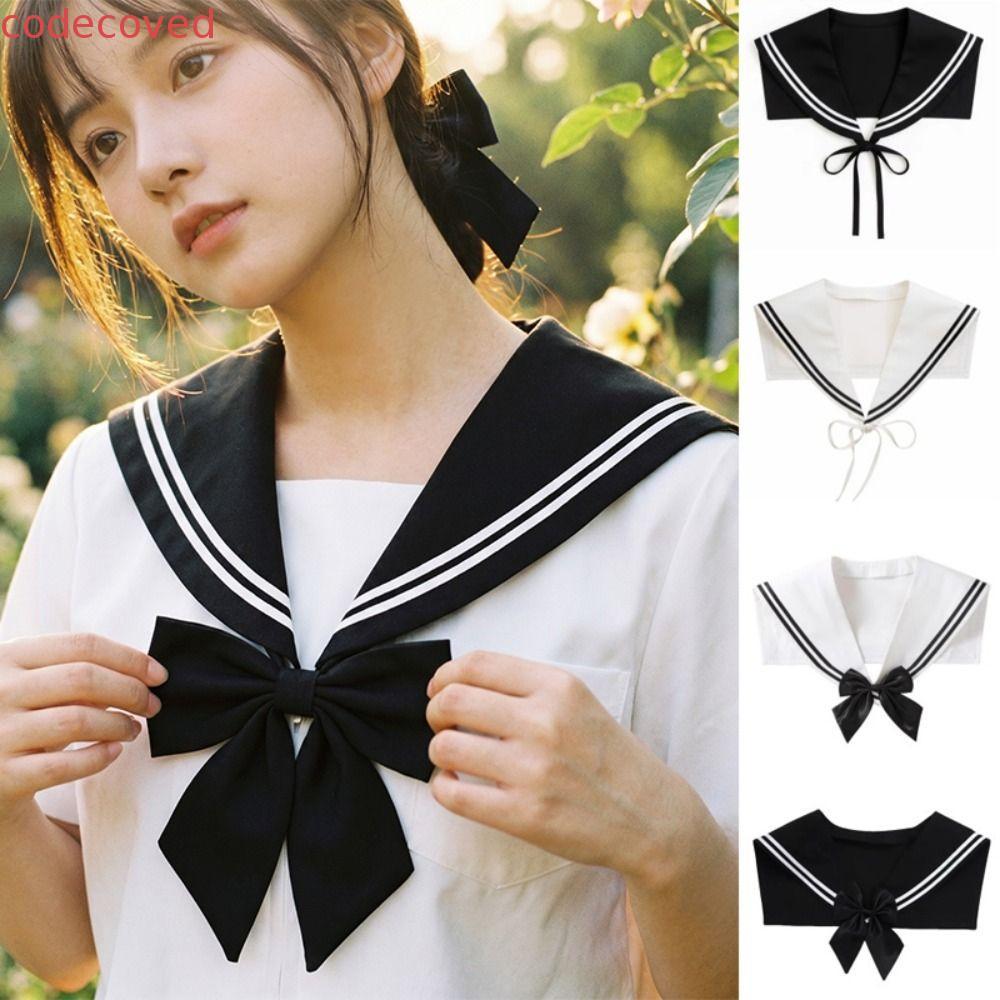 CODECOVED ปลอกคอหลอกกะลาสีลาย, Cape White Blouse Collars, Simple Black Cloak Jk Collar Shawl Lolita
