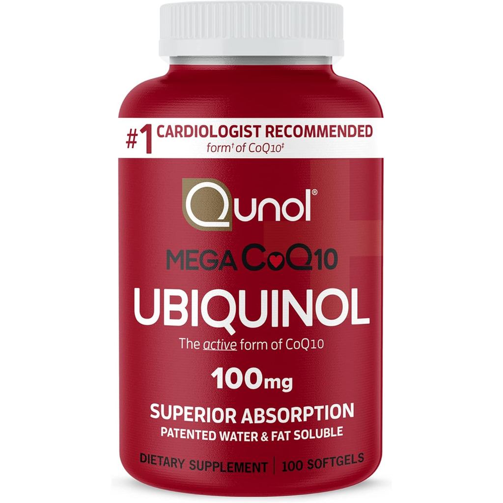 Qunol Mega Ubiquinol 100mg CoQ10, การดูดซึมภายนอก, น้ําจดสิทธิบัตรและไขมันที่ละลายน้ําได้รูปแบบของ Coenzyme Q10, สารต้านอนุมูลอิสระเพื่อสุขภาพหัวใจ, 100 ซอฟท์เจล