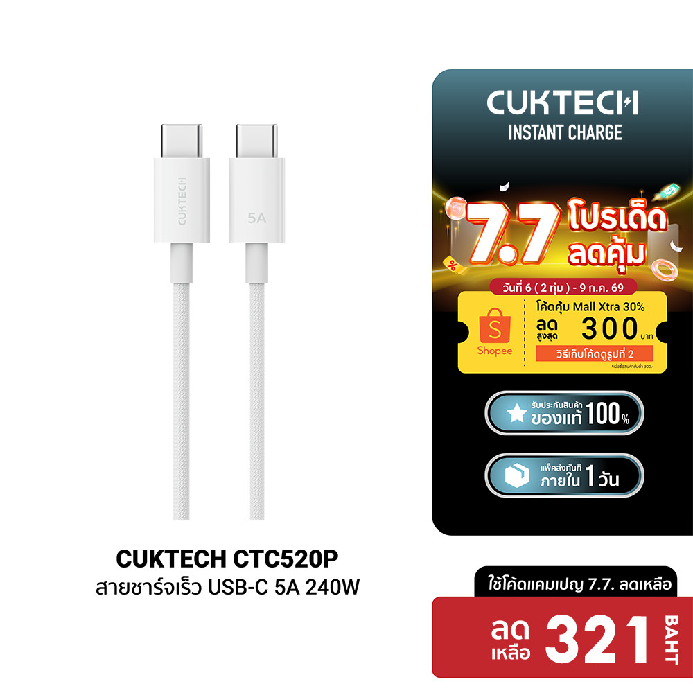 [ลดเหลือ 321] CUKTECH CTC520P 5A 240W สายชาร์จไนลอนถัก USB-C to USB-C ความยาว 2 เมตร ชาร์จเร็ว PD 3.1 -24M