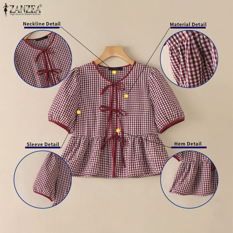 ZANZEA ผู้หญิงเกาหลี Retro Girlish รอบคอพัฟแขน Tie Bows Ruffles Hem Checkered A-Line เสื้อเบลาส์ — صورة 8