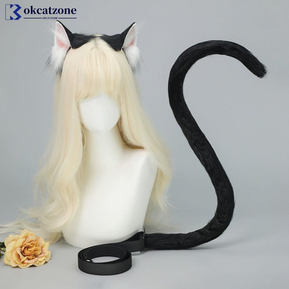 OKCATZONE Handcrafted Furry จําลองหูแมวแถบคาดศีรษะและหางชุดอุปกรณ์เสริม Lolita คอสเพลย์ Props สําหรั