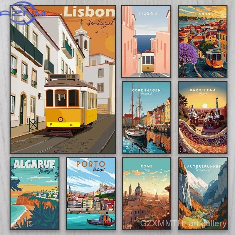 NK7J AZNM Lisbon Wall Art โปสเตอร์ Travel Art พิมพ์โปรตุเกส Minimalist ผ้าใบภาพวาด South of ฝรั่งเศส