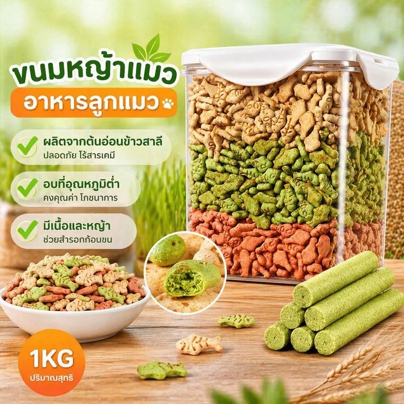 ขนมหญ้าแมว อาหารเสริมแมว ข้าวสาลีอ่อน อบแห้งแท่ง ช่วยขับก้อนขน ลดสำรอก บำรุงฟัน สำหรับลูกแมว