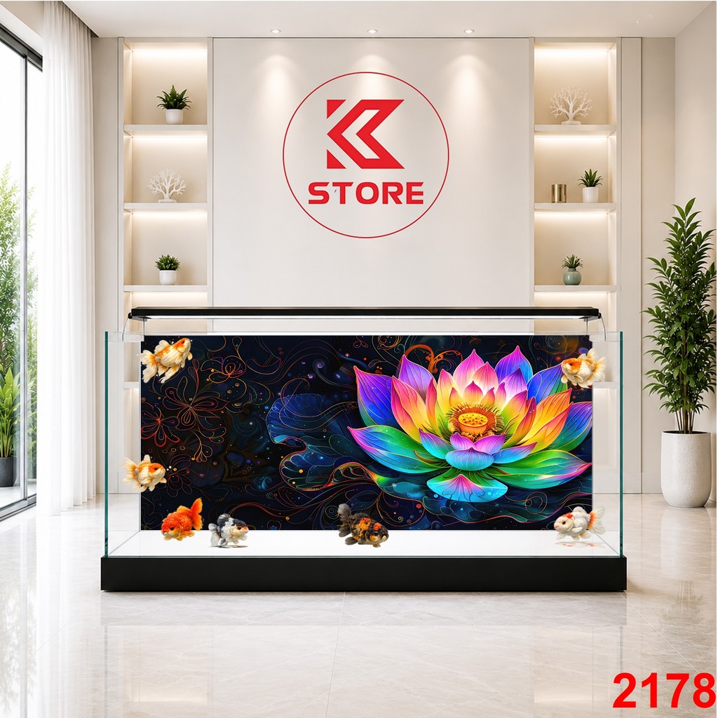 KC Store 3D สติ๊กเกอร์ตู้ปลา Rainbow Lotus กันน้ํา PVC หลายขนาด 2178