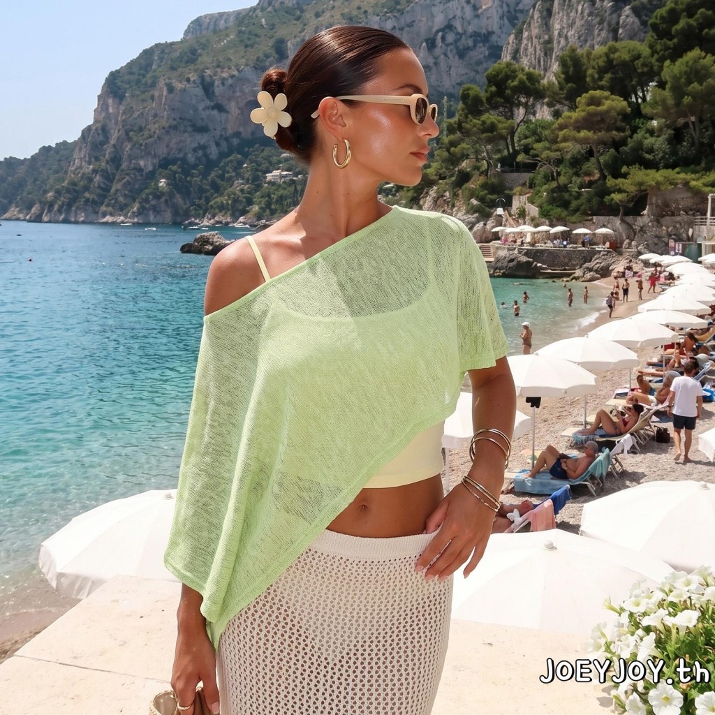 JoEY- เสื้อปอนโช Sheer Flowy สีทึบคอเรือหลวม Fit Crop Cover Ups สําหรับสวมใส่ชายหาด