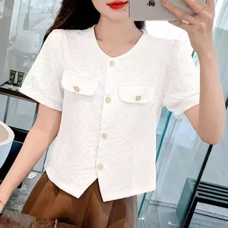 beige เสื้อเชิ้ต ผู้หญิง คอกลม แขนพัฟ สไตล์เกาหลี ลุคคุณหนู แฟชั่น ฤดูร้อน เสื้อครอป สลิม ใส่แล้วดูผอม