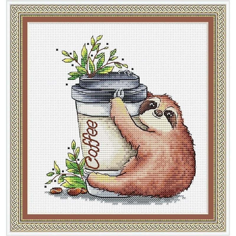 Cool Breeze DMC Thread Cross Stitch Kit ห้องนั่งเล่นการ์ตูนใหม่ KT4658 Sloth Good Morning Coffee พิม