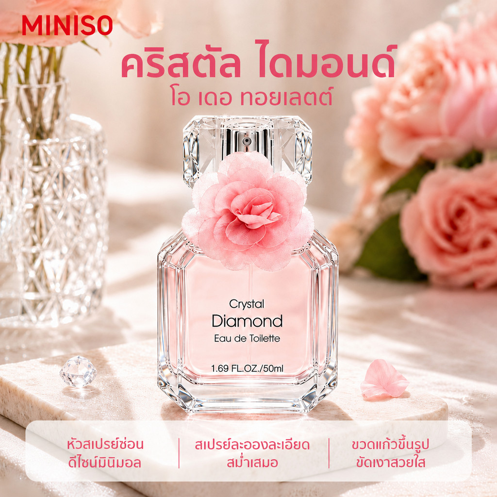 MINISO Crystal Diamond Perfume 50ml น้ำหอมผู้หญิง กลิ่นดอกไม้ผลไม้ หอมหวานละมุน ขวดเพชร 3D ของขวัญผู้หญิง