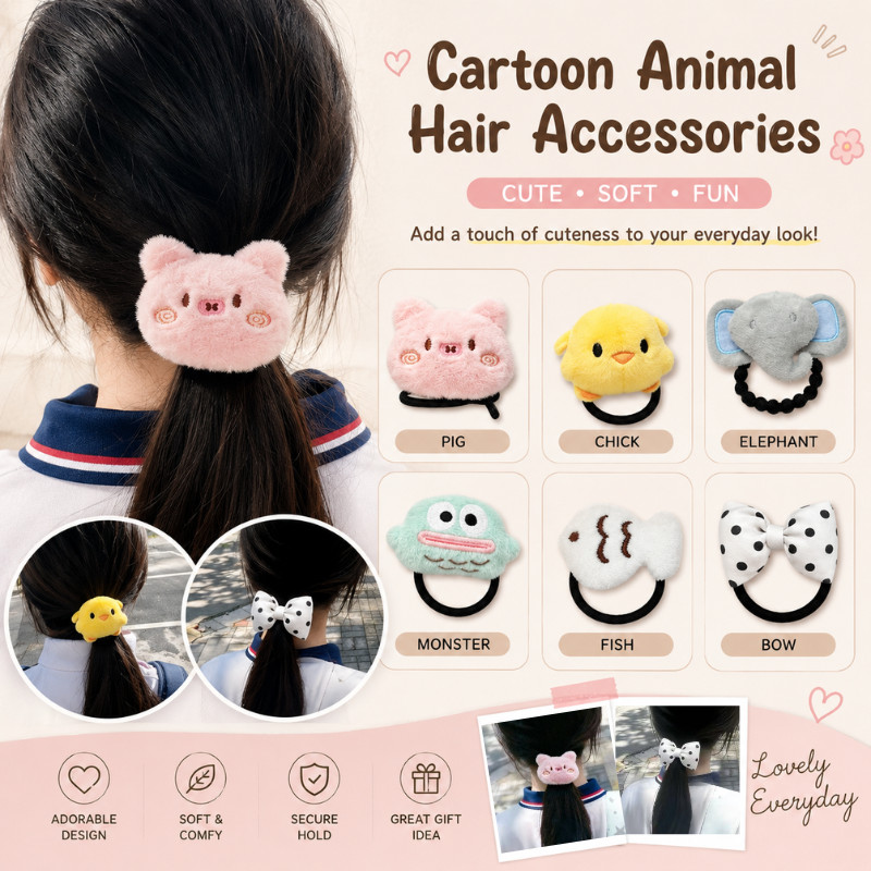 6 รูปแบบน่ารักตุ๊กตาสัตว์ผูกผมหมูสีชมพูสีเหลืองเจี๊ยบการ์ตูนทุกวันเครื่องประดับผม