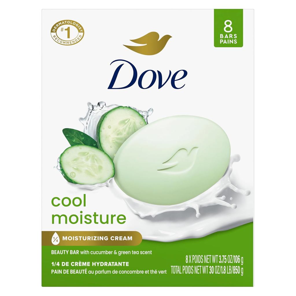 Dove Cool Moisture Beauty Bar Soap 8 Count, Refreshing Cleanser, 3.75 oz I แถบเสริมความงามให้ความชุ่