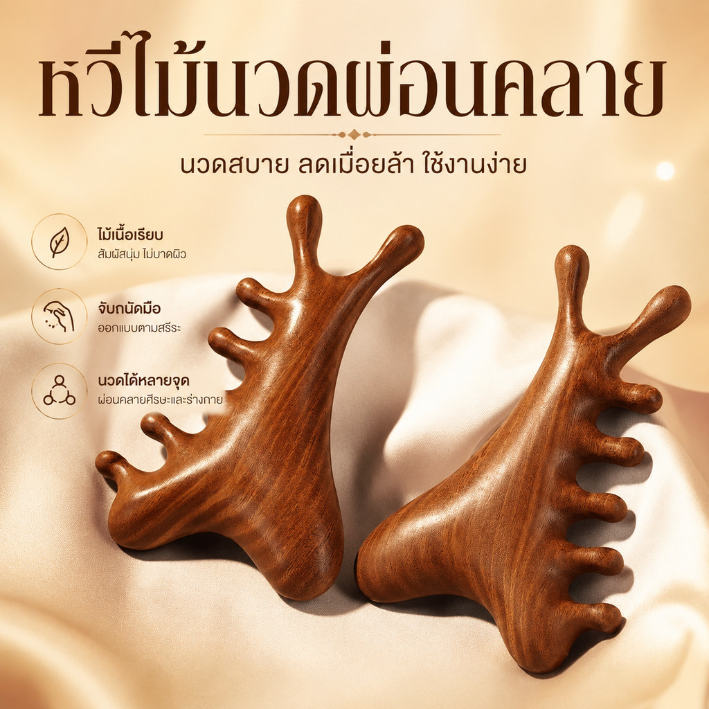 หวีนวดศีรษะไม้จันทน์ 4 in 1 แบบ 5 ก้าน สำหรับนวดศีรษะ ลำคอ ใบหน้าและรอบดวงตา นวดจุดต่างๆ ผ่อนคลาย ใช้งานอเนกประสงค์