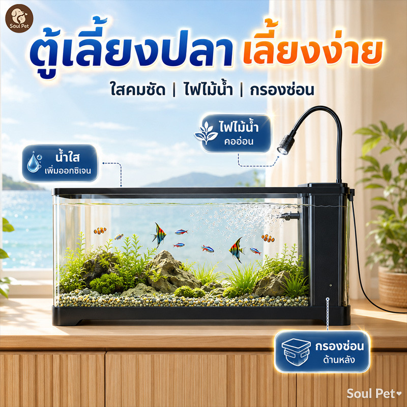 ตู้ปลากรอง ตู้ปลาขนาดเล็ก ตู้ปลาใหญ่ พร้อมกรองข้าง ตู้ปลาครบชุด ไฟ 3 สีดัดงอ 360° ปั๊มน้ำเงียบ อุปกรณ์พร้อมใช้